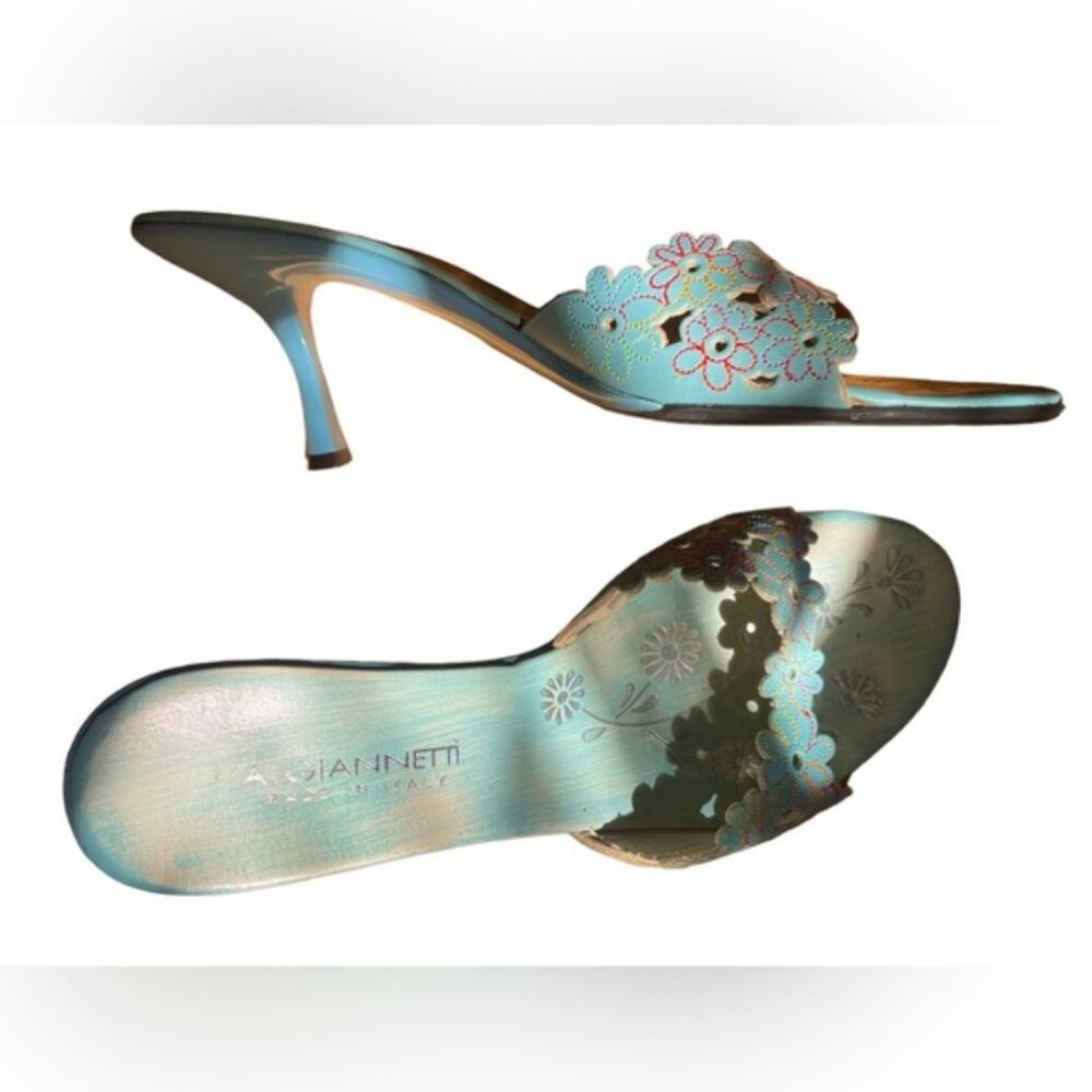 A. Giannetti pretty kitten heel baby blue mules. cut flowers with stitching 9